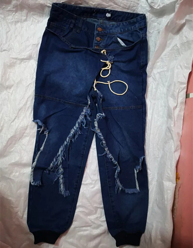 Pantaloni cowboy creion 5XL, la modă, neregulați cu șireturi, blugi până la glezne, cu talie joasă, pantaloni din denim cu găuri