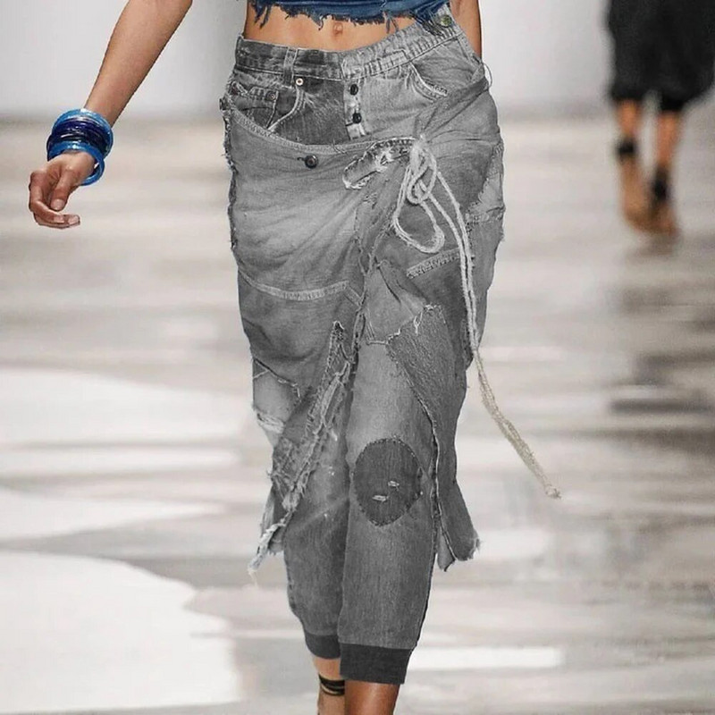 Pantaloni cowboy creion 5XL, la modă, neregulați cu șireturi, blugi până la glezne, cu talie joasă, pantaloni din denim cu găuri