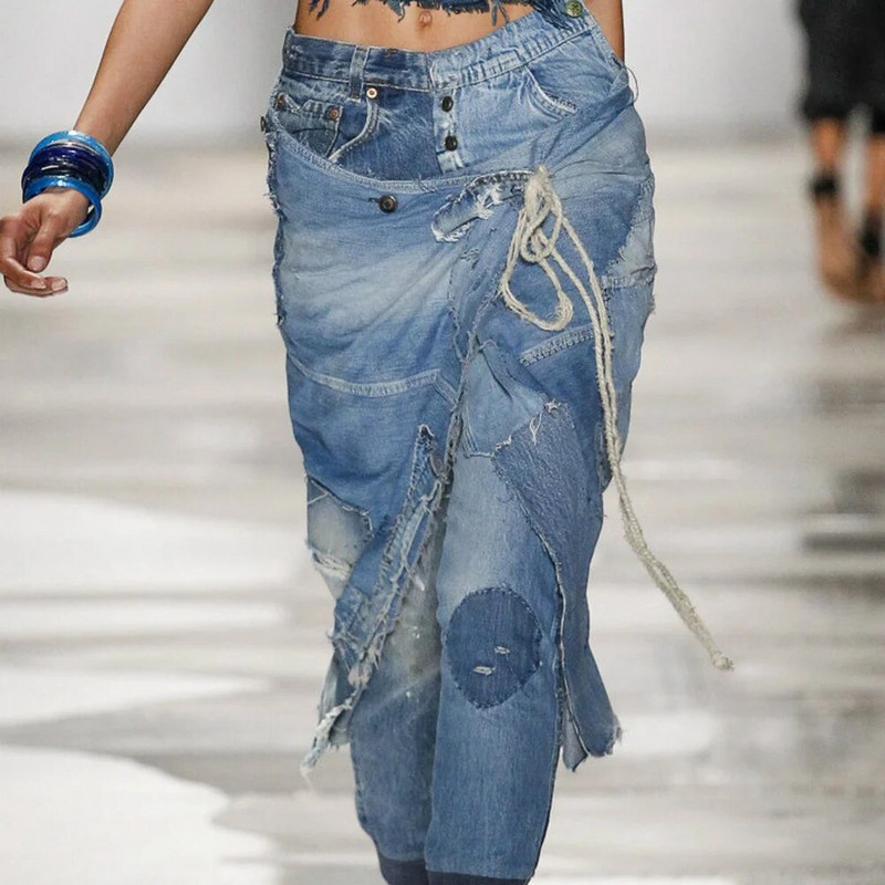 Pantaloni cowboy creion 5XL, la modă, neregulați cu șireturi, blugi până la glezne, cu talie joasă, pantaloni din denim cu găuri