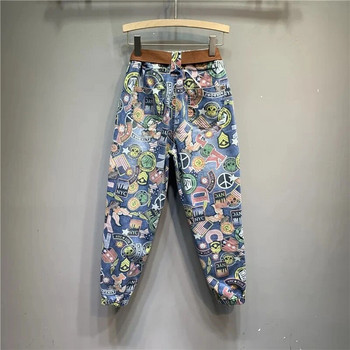 Есенни нови индивидуални карикатурни дънкови панталони Harlan с голям размер с еластична талия Streetwear Дамски дънки Свободни памучни дънки с дължина до глезена