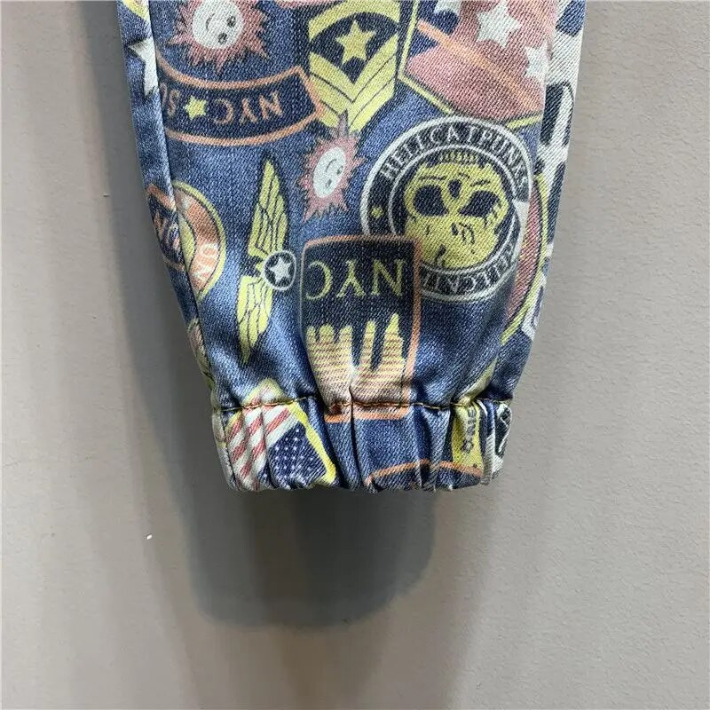 Rudens naujos asmenybės animacinis filmas Denim Harlan Kelnės Didelio dydžio elastinga juosmens Gatvės apranga Moteriški džinsai Laisvi iki kulkšnies medvilniniai džinsai