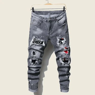 Meeste šikid teksad Lahedad rebenenud kitsad püksid vabaaja teksapüksid meestele Mood tänavarõivad Hip-hop meeste õhukesed pikad püksid