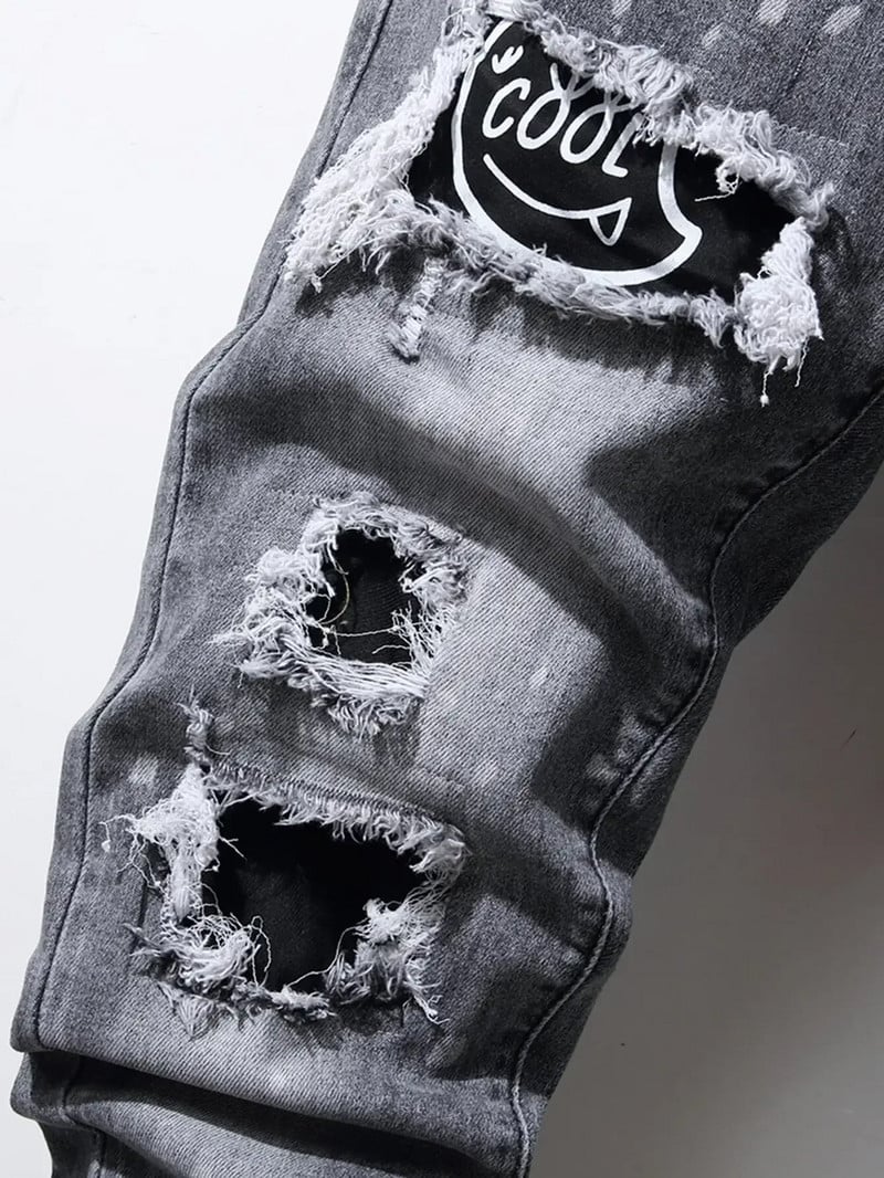 Vyriški prašmatnūs džinsai Kietos plėšytos siauros kelnės Laisvalaikio bėgiojimo džinsai vyrams Madingi gatvės drabužiai Hiphopo vyriškos plonos ilgos kelnės