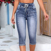 Blugi bodycon cu picioare drepte Pantaloni subțiri cu talie înaltă de vară Blugi casual din denim cu șireturi de înaltă calitate pentru femei Pantaloni Pantalon
