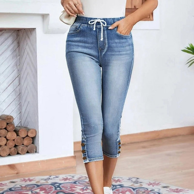 Blugi bodycon cu picioare drepte Pantaloni subțiri cu talie înaltă de vară Blugi casual din denim cu șireturi de înaltă calitate pentru femei Pantaloni Pantalon