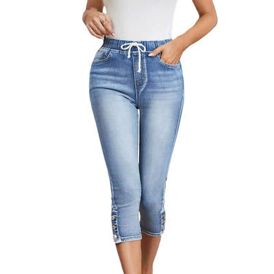Blugi bodycon cu picioare drepte Pantaloni subțiri cu talie înaltă de vară Blugi casual din denim cu șireturi de înaltă calitate pentru femei Pantaloni Pantalon