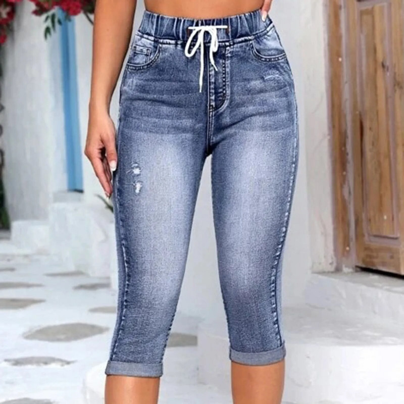Blugi bodycon cu picioare drepte Pantaloni subțiri cu talie înaltă de vară Blugi casual din denim cu șireturi de înaltă calitate pentru femei Pantaloni Pantalon