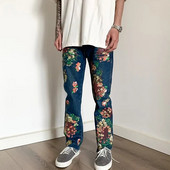 2023 Kanye Y2K Fashion Flowers Print Slim Hip Hop Jeans Pantaloni pentru bărbați Îmbrăcăminte Skateboard Streetwear New Rock Denim Pantaloni