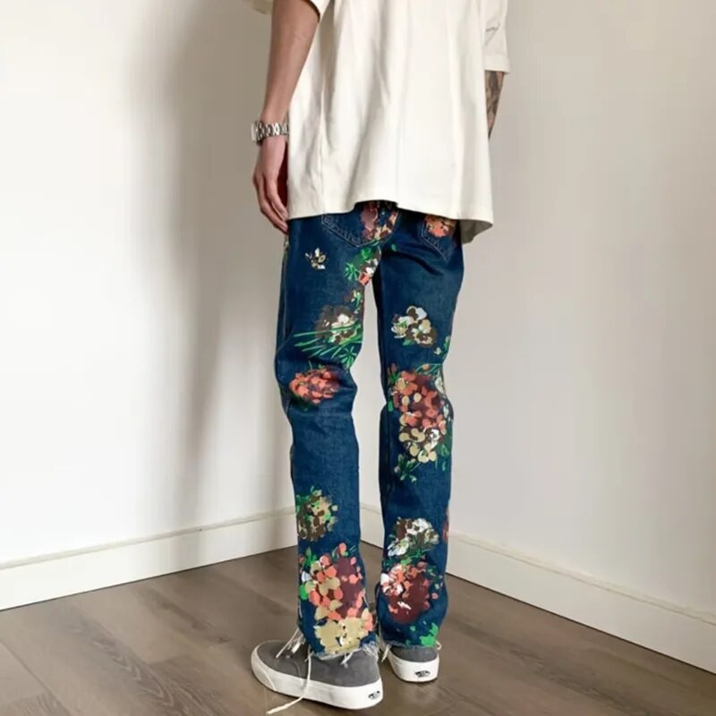 2023 Kanye Y2K Fashion Flowers Print Slim Hip Hop Jeans Pantaloni pentru bărbați Îmbrăcăminte Skateboard Streetwear New Rock Denim Pantaloni