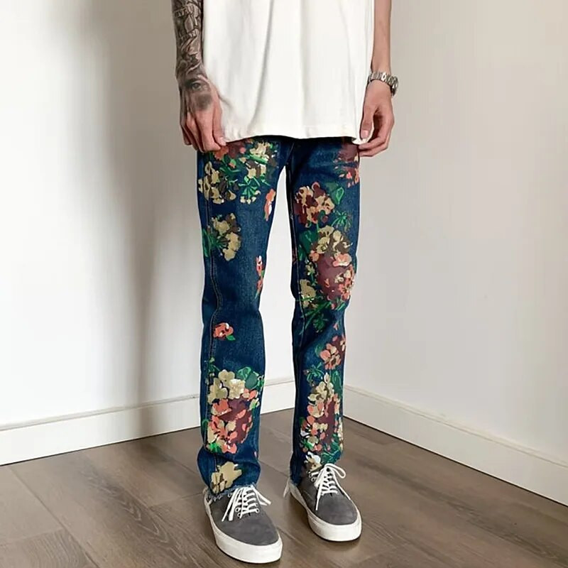 2023 Kanye Y2K Fashion Flowers Print Slim Hip Hop Jeans Pantaloni pentru bărbați Îmbrăcăminte Skateboard Streetwear New Rock Denim Pantaloni