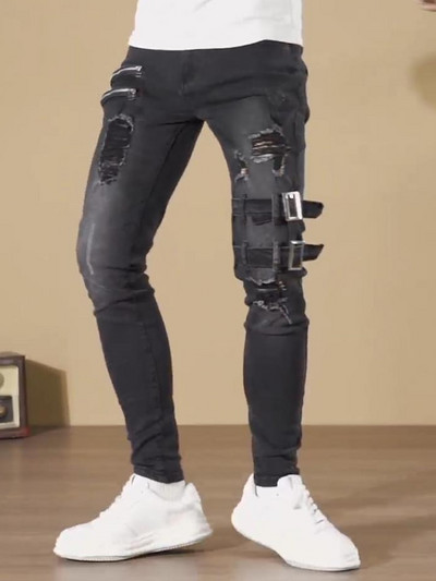 Blugi Dripți Plus Size Pantaloni Bărbați Toamnă Moto Biker Blugi Boyfriend Streetwear Fermoare Skinny 3 Culori Pantaloni Lungi Denim Cacual