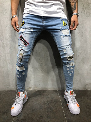 Ανδρικό τζιν τζιν με λεπτή τρύπα από βαμβάκι για άντρες Hip hop Slim Fit Streetwear Patchwork Σήμα ταλαιπωρημένο μπλε μολύβι παντελόνι