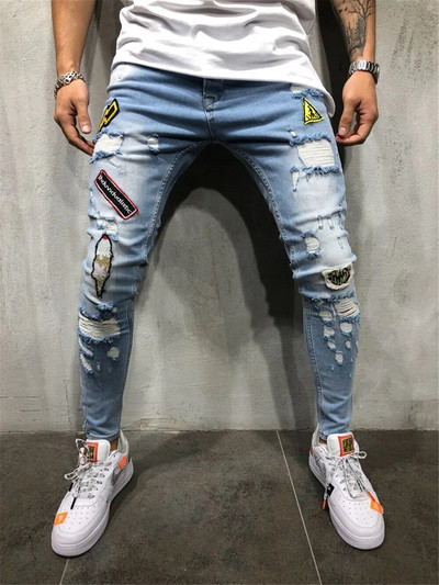 Blugi din denim rupti, din amestec de bumbac, pentru bărbați, hip hop, slim fit, îmbrăcăminte de stradă, insigna patchwork, pantaloni creion albastru învechit