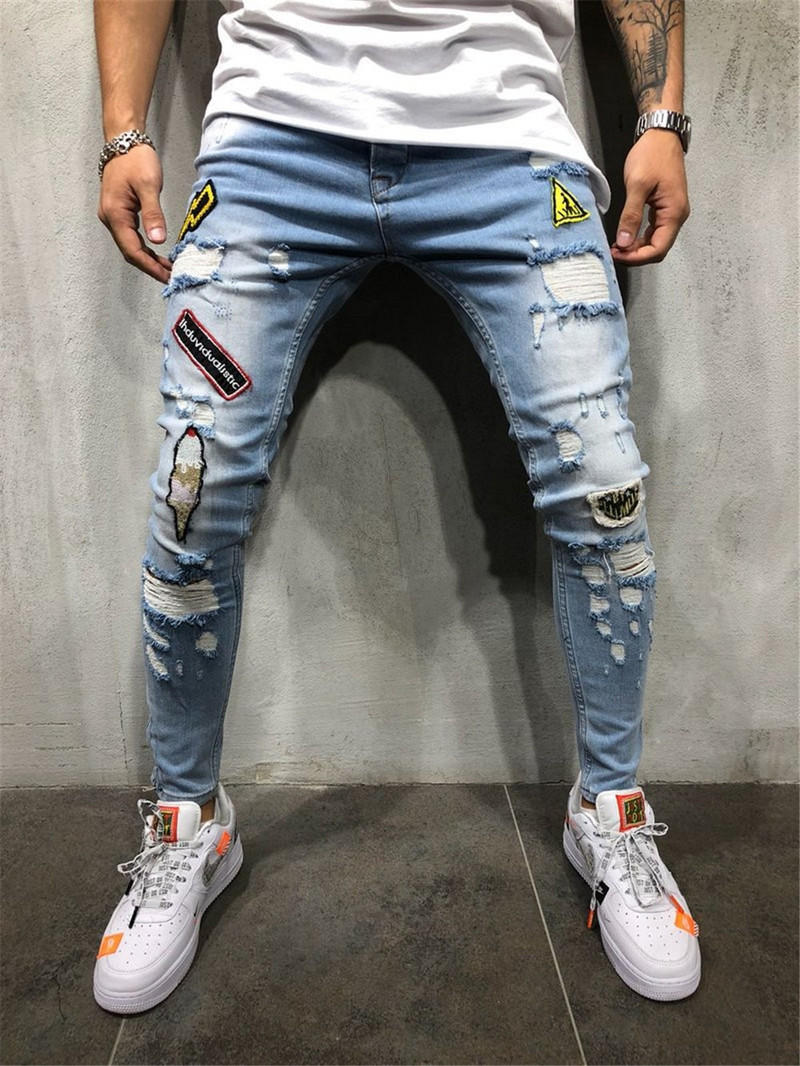 Blugi din denim rupti, din amestec de bumbac, pentru bărbați, hip hop, slim fit, îmbrăcăminte de stradă, insigna patchwork, pantaloni creion albastru învechit