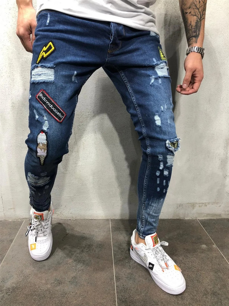 Blugi din denim rupti, din amestec de bumbac, pentru bărbați, hip hop, slim fit, îmbrăcăminte de stradă, insigna patchwork, pantaloni creion albastru învechit
