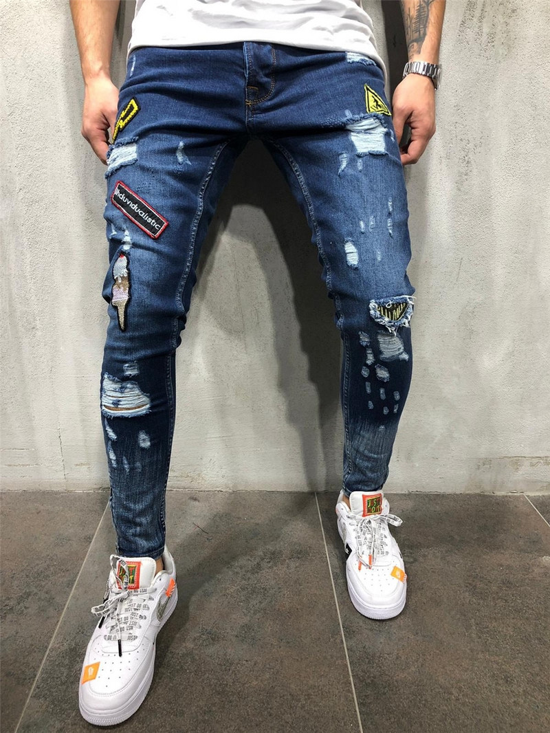 Blugi din denim rupti, din amestec de bumbac, pentru bărbați, hip hop, slim fit, îmbrăcăminte de stradă, insigna patchwork, pantaloni creion albastru învechit