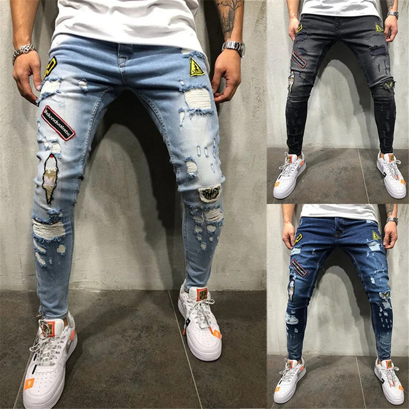 Blugi din denim rupti, din amestec de bumbac, pentru bărbați, hip hop, slim fit, îmbrăcăminte de stradă, insigna patchwork, pantaloni creion albastru învechit