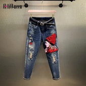 Îmbrăcăminte de stradă Femei Blugi vintage cu talie înaltă Desene animate Fete Broderie Paiete Denim Pantaloni Haren Pantaloni Blugi rupti