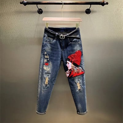 Îmbrăcăminte de stradă Femei Blugi vintage cu talie înaltă Desene animate Fete Broderie Paiete Denim Pantaloni Haren Pantaloni Blugi rupti