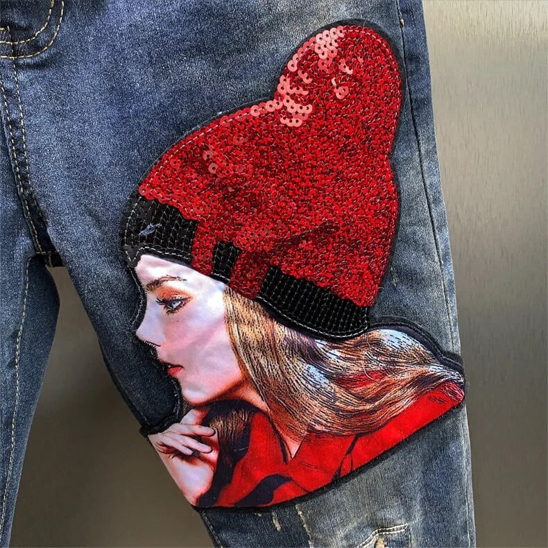 Îmbrăcăminte de stradă Femei Blugi vintage cu talie înaltă Desene animate Fete Broderie Paiete Denim Pantaloni Haren Pantaloni Blugi rupti