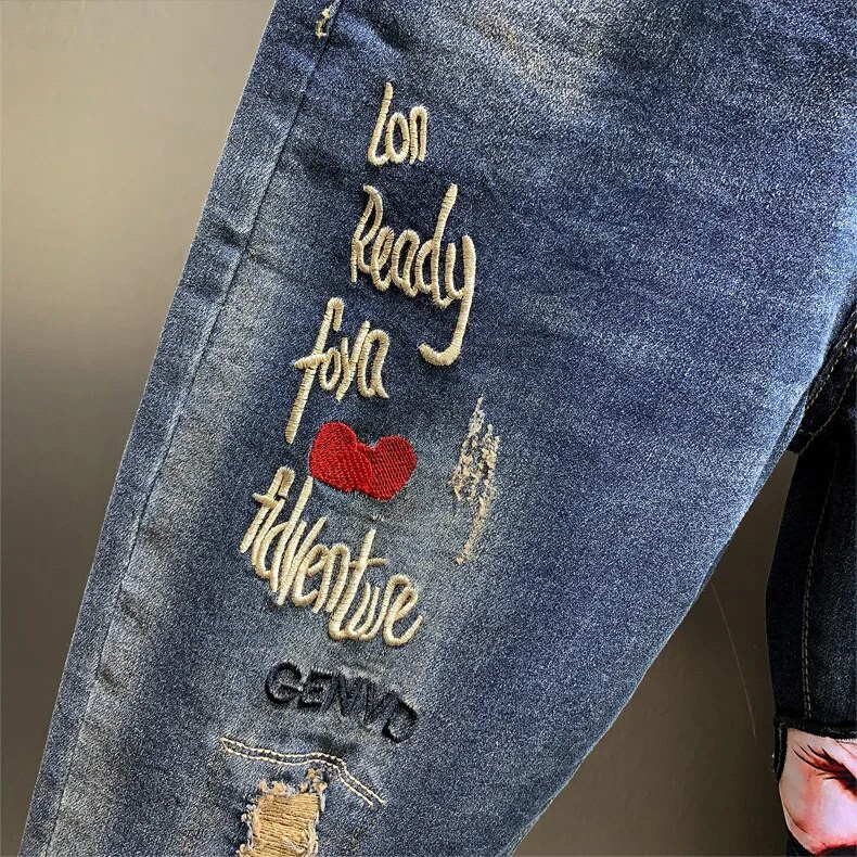 Îmbrăcăminte de stradă Femei Blugi vintage cu talie înaltă Desene animate Fete Broderie Paiete Denim Pantaloni Haren Pantaloni Blugi rupti