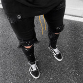 Orificiu la genunchi Blugi bărbați rupti Pantaloni stretch skinny din denim Culoare uni Negru Albastru deschis Toamna Vară Pantaloni slim fit în stil hip-hop