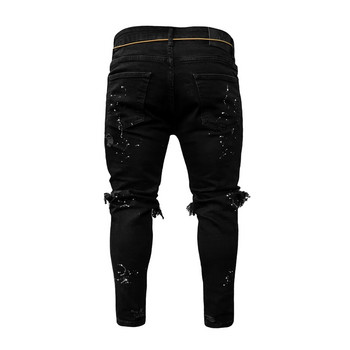 Ανδρικό τζιν Stretch Skinny τζιν παντελόνι με τρύπα στο γόνατο μονόχρωμο μαύρο ανοιχτό μπλε Φθινοπωρινό Καλοκαιρινό χιπ-χοπ παντελόνι Slim Fit