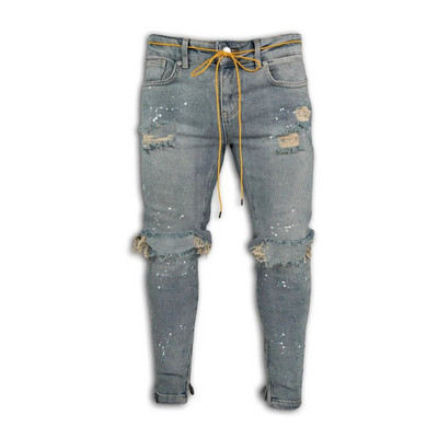 Orificiu la genunchi Blugi bărbați rupti Pantaloni stretch skinny din denim Culoare uni Negru Albastru deschis Toamna Vară Pantaloni slim fit în stil hip-hop