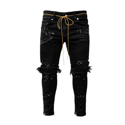 Orificiu la genunchi Blugi bărbați rupti Pantaloni stretch skinny din denim Culoare uni Negru Albastru deschis Toamna Vară Pantaloni slim fit în stil hip-hop