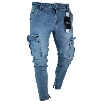 Нови дънки Мъжки панталони Ежедневни памучни дънкови панталони Карго дънки с множество джобове Мъжки нови модни дънкови панталони тип молив Странични джобове Карго