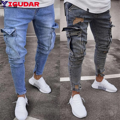 New Jeans Men Pants Casual Cotton Denim Trousers Multi Pocket Cargo Jeans Men New Fashion Denim Pencil Pants Side Pockets Cargo