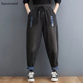 Design negru cu îmbinare cu talie înaltă, blugi harem pentru femei, cu talie elastică largi, pantaloni capris șic, pantaloni casual din denim pentru femei