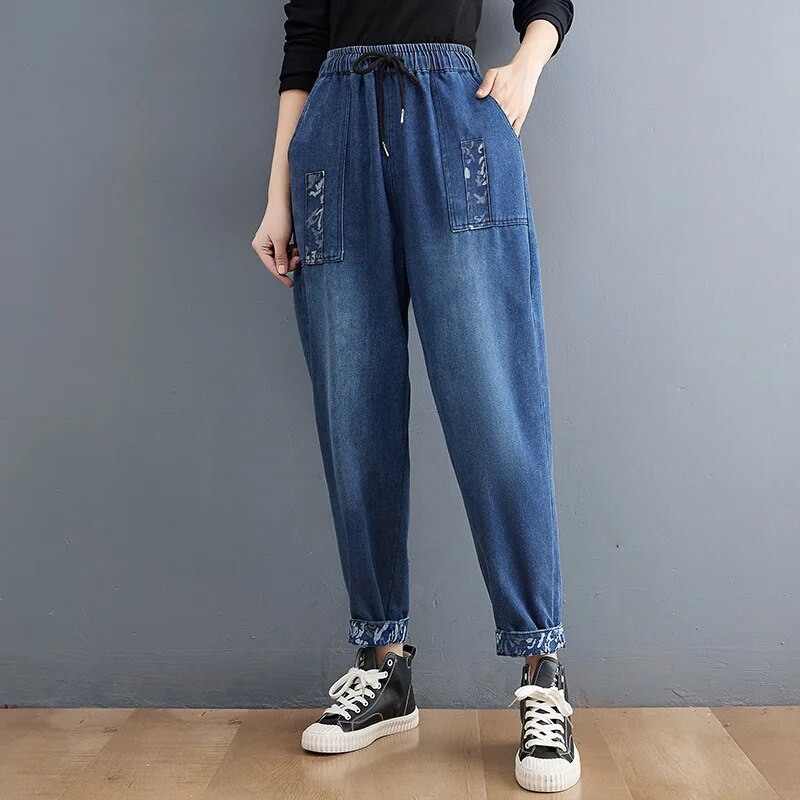 Design negru cu îmbinare cu talie înaltă, blugi harem pentru femei, cu talie elastică largi, pantaloni capris șic, pantaloni casual din denim pentru femei