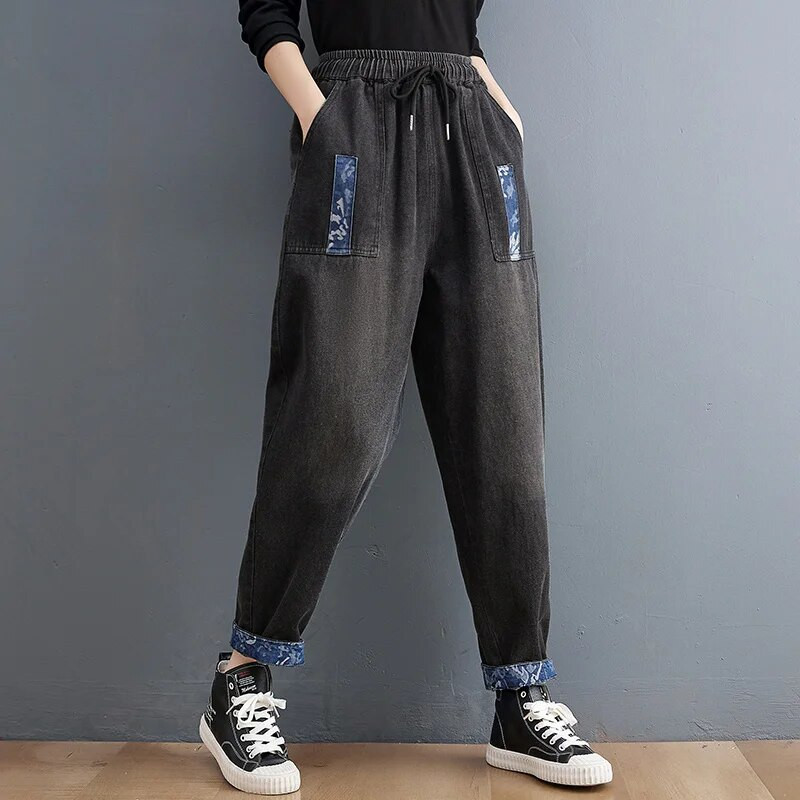 Design negru cu îmbinare cu talie înaltă, blugi harem pentru femei, cu talie elastică largi, pantaloni capris șic, pantaloni casual din denim pentru femei