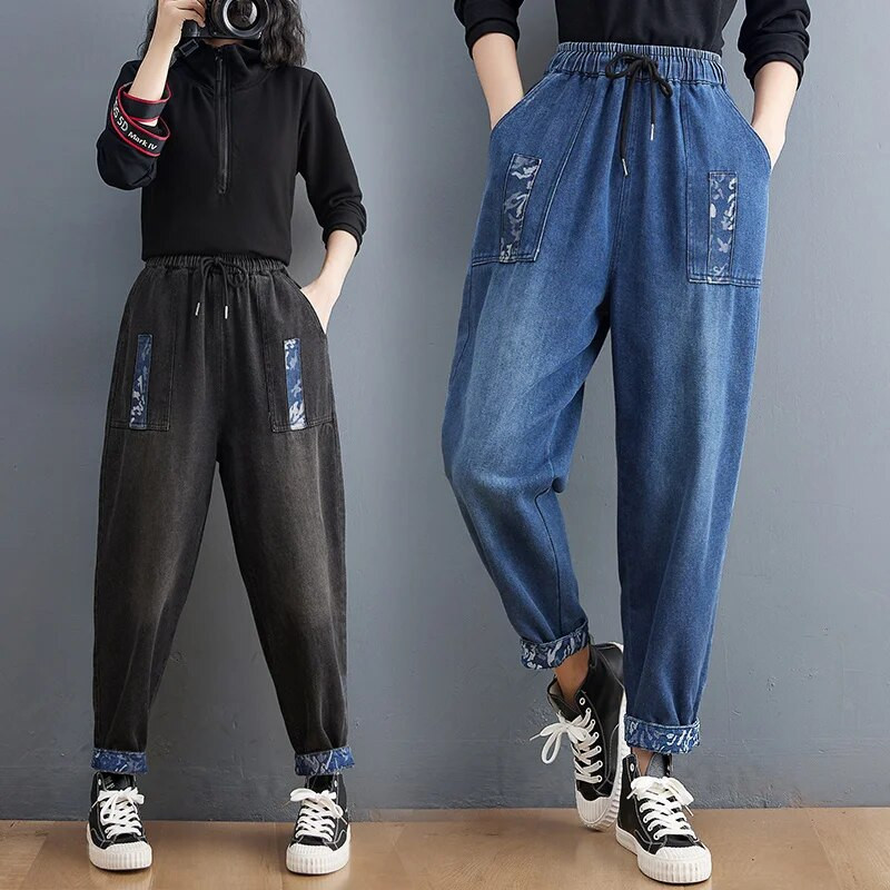 Design negru cu îmbinare cu talie înaltă, blugi harem pentru femei, cu talie elastică largi, pantaloni capris șic, pantaloni casual din denim pentru femei