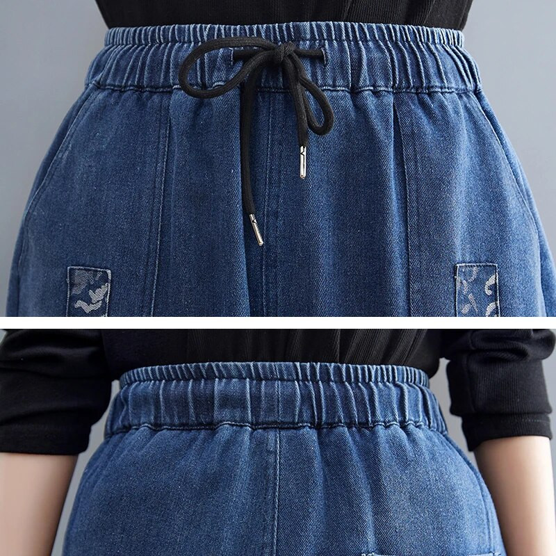 Design negru cu îmbinare cu talie înaltă, blugi harem pentru femei, cu talie elastică largi, pantaloni capris șic, pantaloni casual din denim pentru femei