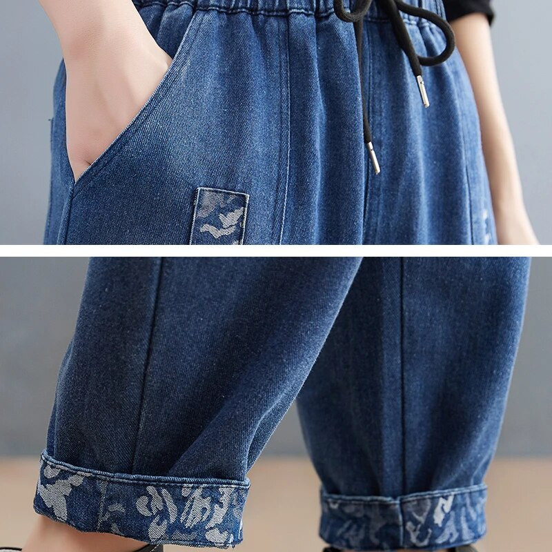 Design negru cu îmbinare cu talie înaltă, blugi harem pentru femei, cu talie elastică largi, pantaloni capris șic, pantaloni casual din denim pentru femei