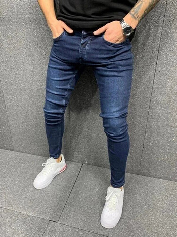 Мъжки ежедневни панталони Ретро измиващи се еластични дънки с цип Панталони с тесни кройки Мъжки панталони с молив плюс размер Деним тесни дънки за мъже