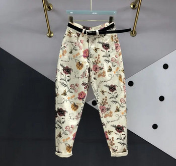 Flower printing βαφή τζιν Harlan casual άνοιξη 2023 νέο φαρδύ γυναικείο παντελόνι με ζώνη
