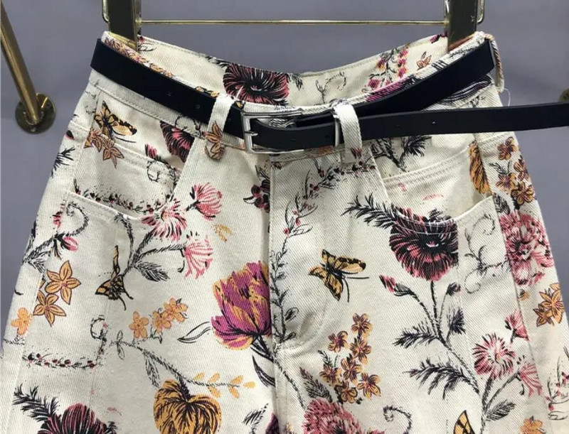 Bojanje traperica s cvjetnim printom Harlan casual 2023 proljeće nove široke hlače s remenom