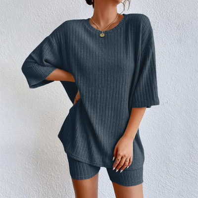 Majice Ženska majica kratkih rukava Kratki kompleti za odmor Modni rebrasti jednobojni i ljetne kratke hlače Odijelo Ležerno salonsko pletenje Komplet s dva gornja dijela