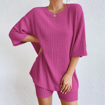 Majice Ženska majica kratkih rukava Kratki kompleti za odmor Modni rebrasti jednobojni i ljetne kratke hlače Odijelo Ležerno salonsko pletenje Komplet s dva gornja dijela