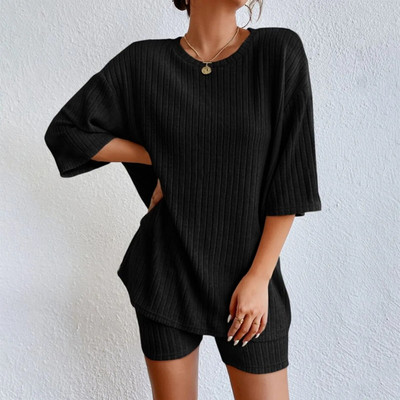Majice Ženska majica kratkih rukava Kratki kompleti za odmor Modni rebrasti jednobojni i ljetne kratke hlače Odijelo Ležerno salonsko pletenje Komplet s dva gornja dijela