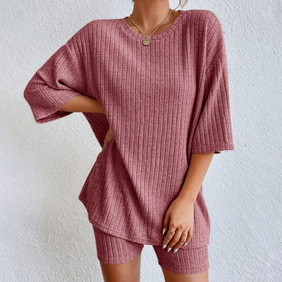 Majice Ženska majica kratkih rukava Kratki kompleti za odmor Modni rebrasti jednobojni i ljetne kratke hlače Odijelo Ležerno salonsko pletenje Komplet s dva gornja dijela