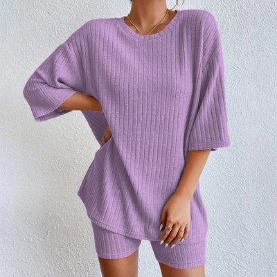 Majice Ženska majica kratkih rukava Kratki kompleti za odmor Modni rebrasti jednobojni i ljetne kratke hlače Odijelo Ležerno salonsko pletenje Komplet s dva gornja dijela