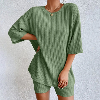 Majice Ženska majica kratkih rukava Kratki kompleti za odmor Modni rebrasti jednobojni i ljetne kratke hlače Odijelo Ležerno salonsko pletenje Komplet s dva gornja dijela