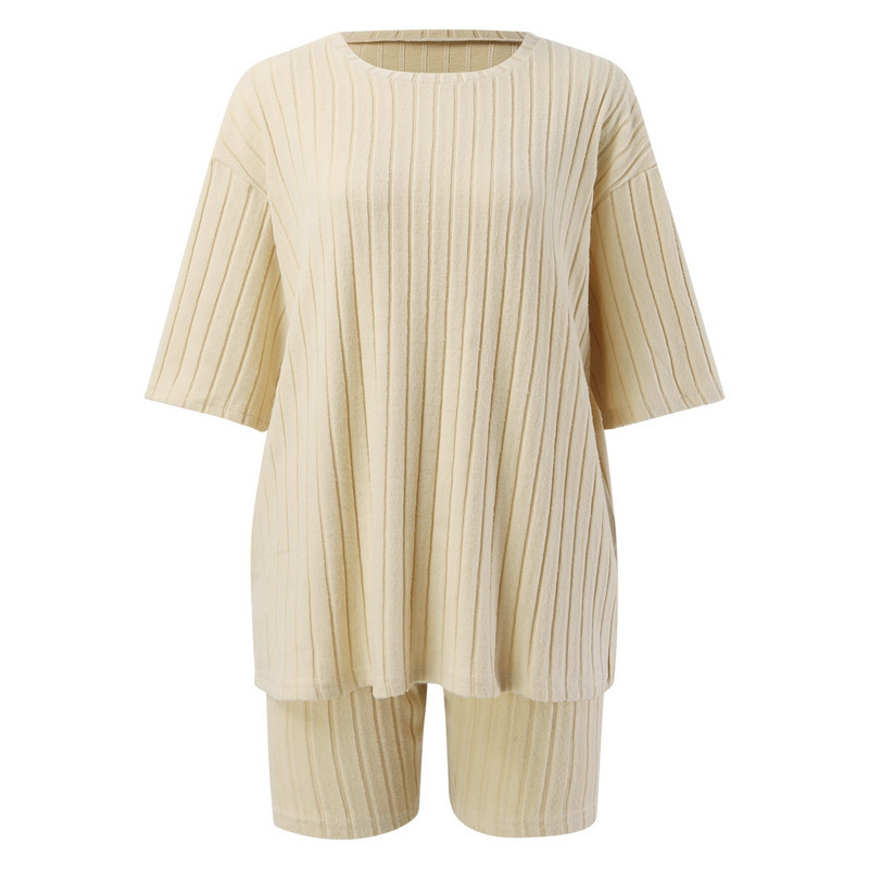 Majice Ženska majica kratkih rukava Kratki kompleti za odmor Modni rebrasti jednobojni i ljetne kratke hlače Odijelo Ležerno salonsko pletenje Komplet s dva gornja dijela