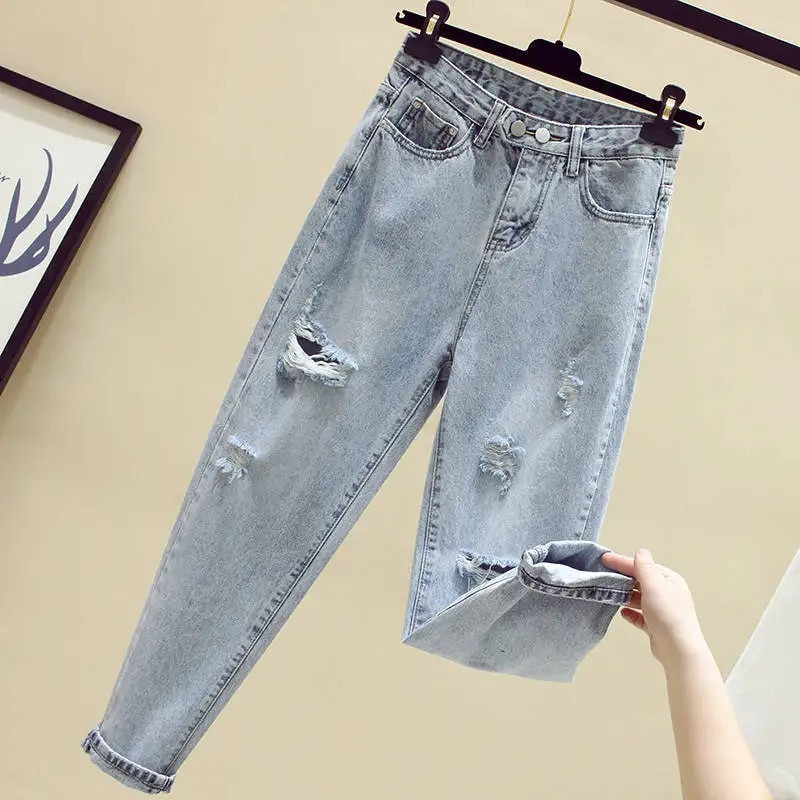 Blugi albastru deschis femeie primăvară toamnă gaură talie înaltă stil iubit pantaloni denim la modă pantaloni largi Streetwear femei