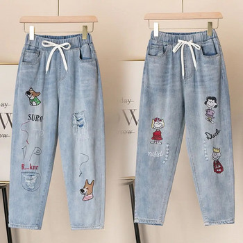 Скъсани Mom Jeans с висока талия Големи размери Дънкови панталони за жени Дамски ретро панталони с бродерия и еластична талия до глезена, широки
