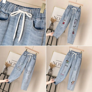 Скъсани Mom Jeans с висока талия Големи размери Дънкови панталони за жени Дамски ретро панталони с бродерия и еластична талия до глезена, широки